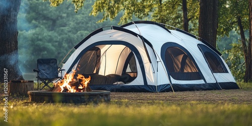 A white and black tent park next to a fire pit on jungle