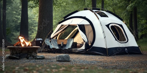 A white and black tent park next to a fire pit on jungle