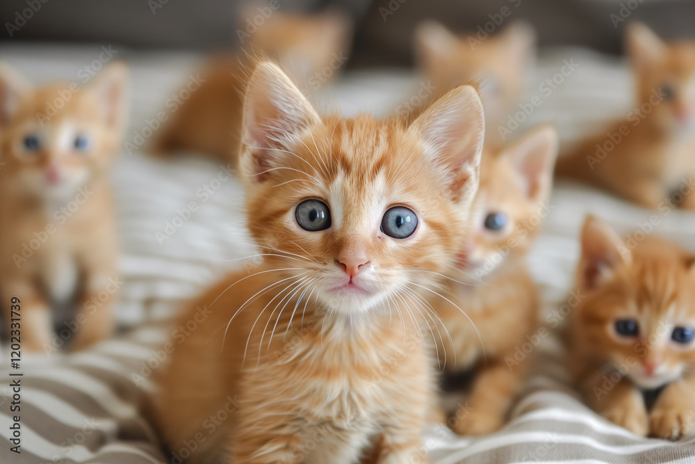 Adorable ginger kittens on striped blanket with curious blue eyes Adorable ginger kittens on striped blanket with curious blue eyes