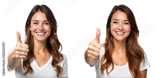 A Smiling Woman Gives A Thumb Up Sign With A Happy Expression, Isolated On A Clean White Background. 00001