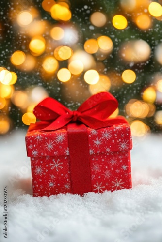 Red gift box with a ribbon on snow against a blurred lights background