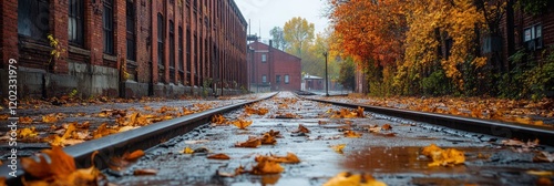 autumn leaves on street tracks, wet ground red brick buildings in the background