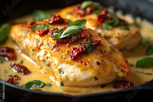 Seared chicken breast with creamy sauce, sun-dried tomatoes, and fresh basil in a skillet, garnished with herbs for a gourmet presentation