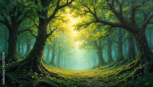 Mystical enchanted forest with towering ancient trees, lush green foliage, and sunlight streaming through the canopy, creating a serene and magical woodland path. Peaceful nature fantasy.