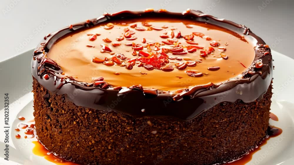 Delicious chocolate cake with caramel topping rotating on white background