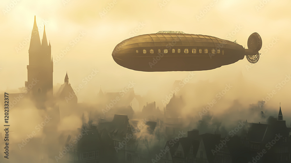 A fantastical steampunk airship gliding over a misty, medieval cityscape. Steampunk Airship Adventure. Illustration A fantastical steampunk airship gliding over a misty, medieval cityscape. Steampunk Airship Adventure. Illustration
