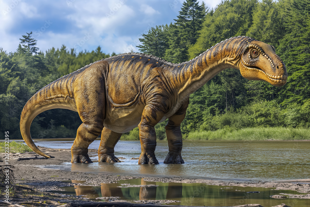 Fototapeta premium Large dinosaur by river in forested landscape on a sunny day