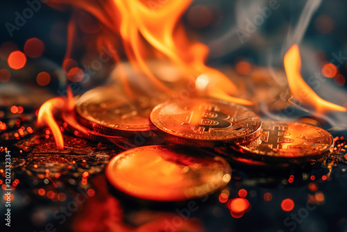 Burning bitcoin coins in flames reflecting cryptocurrency volatility photo