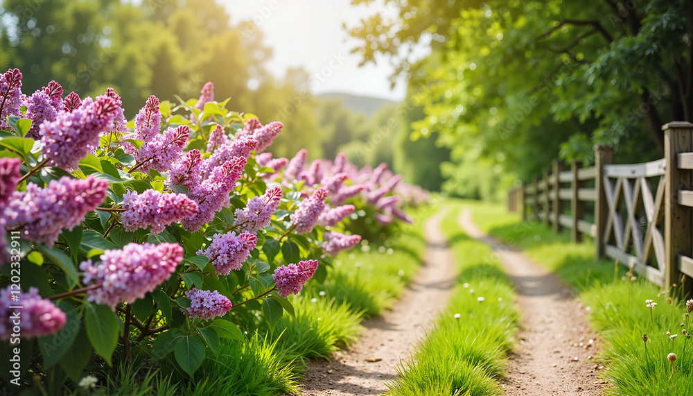 Obraz premium Vibrant lilacs blooming along countryside path, serene beauty