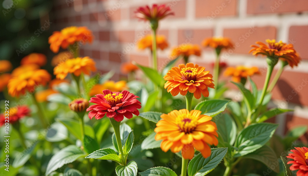 Vibrant zinnia flowers blooming in a sunny garden, nature's beauty Vibrant zinnia flowers blooming in a sunny garden, nature's beauty