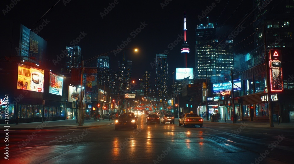 Night cityscape with traffic, skyscrapers, and bright lights reflecting on a wet street. Night cityscape with traffic, skyscrapers, and bright lights reflecting on a wet street.