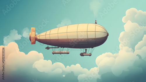 A vintage dirigible airship with gondola and water tank floats in the clouds. Steampunk Airship Adventure. Illustration