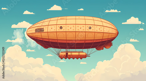 A vintage dirigible airship with gondola and water tank floats in the clouds. Steampunk Airship Adventure. Illustration
