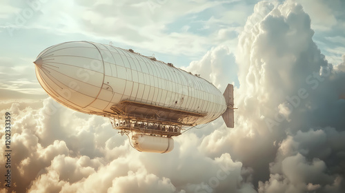 A vintage dirigible airship with gondola and water tank floats in the clouds. Steampunk Airship Adventure. Illustration