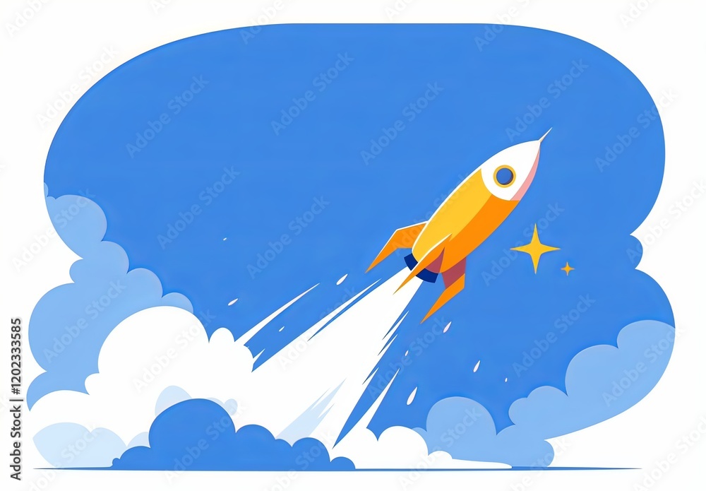 Rocket Taking Off with Cinematic Lighting, Simple Flat Design on Sky-Blue Background with Clouds, Red and Gray Color Palette Rocket Taking Off with Cinematic Lighting, Simple Flat Design on Sky-Blue Background with Clouds, Red and Gray Color Palette