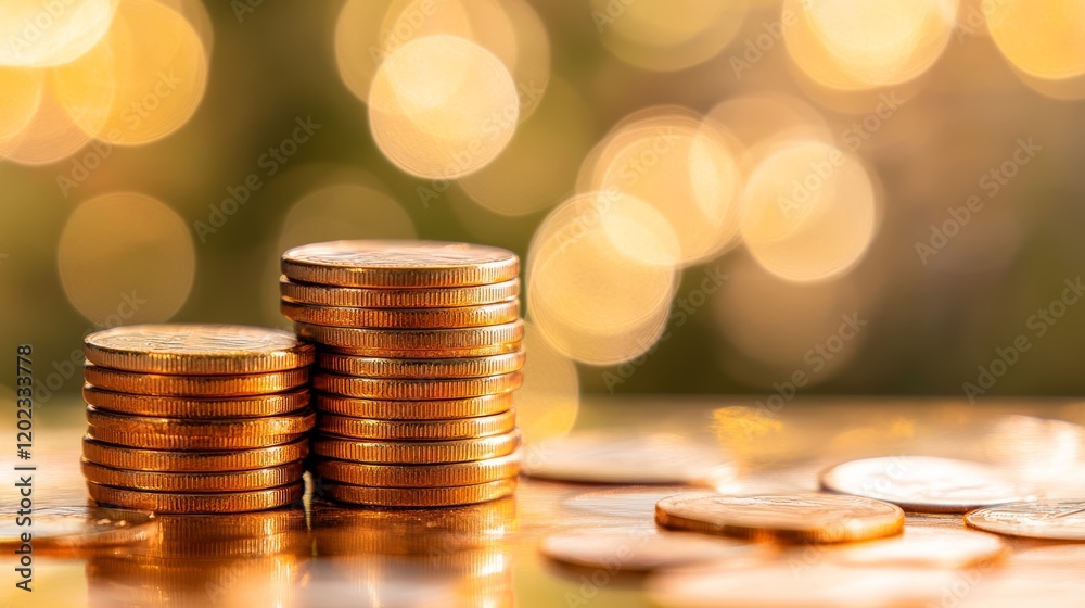 Two stacks of shiny golden coins symbolize increasing profits, successful investments, and the growth of savings, against a warm, sparkling bokeh background Two stacks of shiny golden coins symbolize increasing profits, successful investments, and the growth of savings, against a warm, sparkling bokeh background
