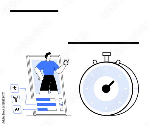 Male character interacting with fitness app, activity stats, and options beside stopwatch. Ideal for health, wellness, fitness tracking, time management, workouts, goal-setting abstract line flat