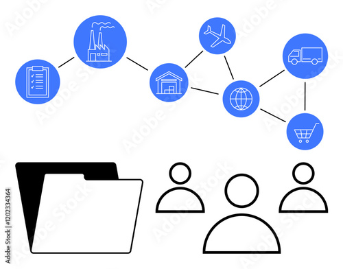 Flowchart featuring manufacturing, warehousing, logistics, and shopping icons connected by lines. Folder and human outlines represent organization and collaboration. Ideal for logistics, operations