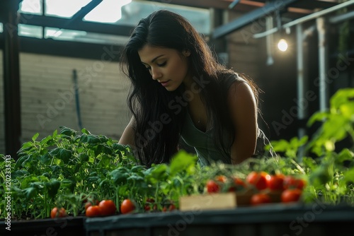 Mid30s woman tending rooftop garden for studio shoot photo