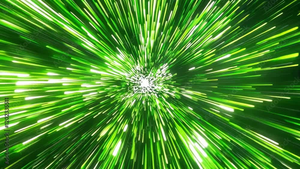Vibrant green beams of light stretch outward from a central point, creating a mesmerizing abstract background