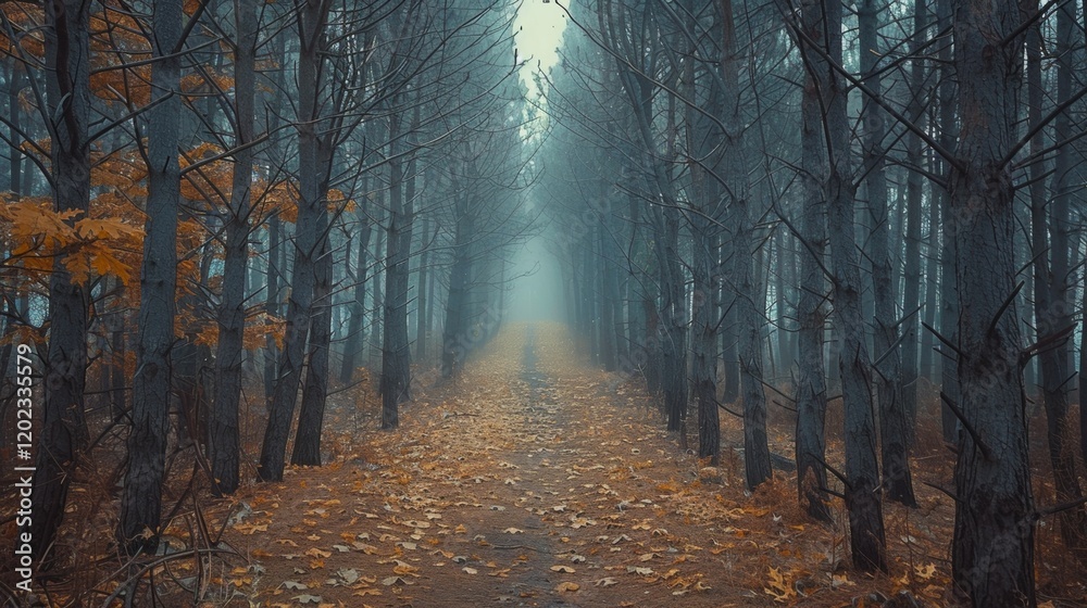 Naklejka premium Misty Forest Path Capturing Serene Autumn Morning Atmosphere