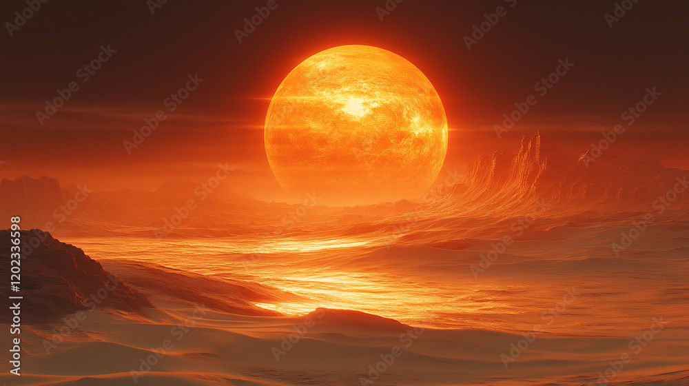 Massive red sun illuminating alien desert landscape, science fiction exploration concept Massive red sun illuminating alien desert landscape, science fiction exploration concept