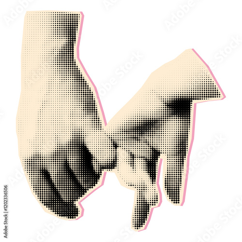 Pinky promise halftone collage element. Two hands gently linking little fingers. Modern retro vector illustration for mixed media design isolated on transparent background