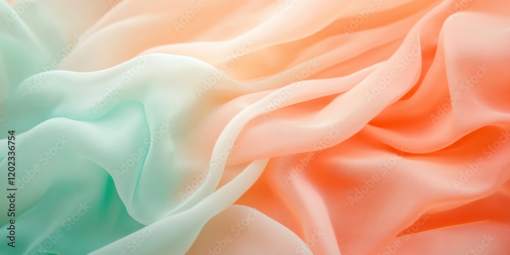 Obraz premium Textiles in soft hues of orange and turquoise drape gracefully, showcasing delicate folds and a serene ambiance, perfect for creating a tranquil atmosphere