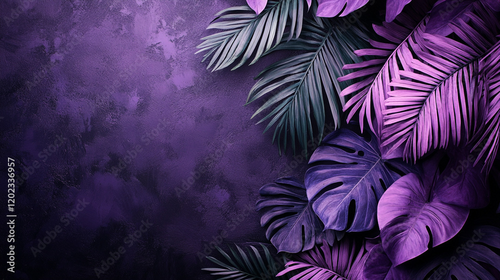 Fototapeta premium Colorful tropical leaves create a vibrant backdrop in purple hues