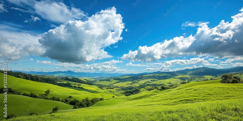 Fototapeta premium Vibrant green hills stretch across the landscape under a clear blue sky filled with fluffy white clouds, creating a peaceful and idyllic countryside view