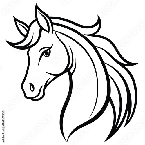 A majestic and graceful horse head in minimalist line art, featuring flowing curves and sharp details to represent strength and freedom.