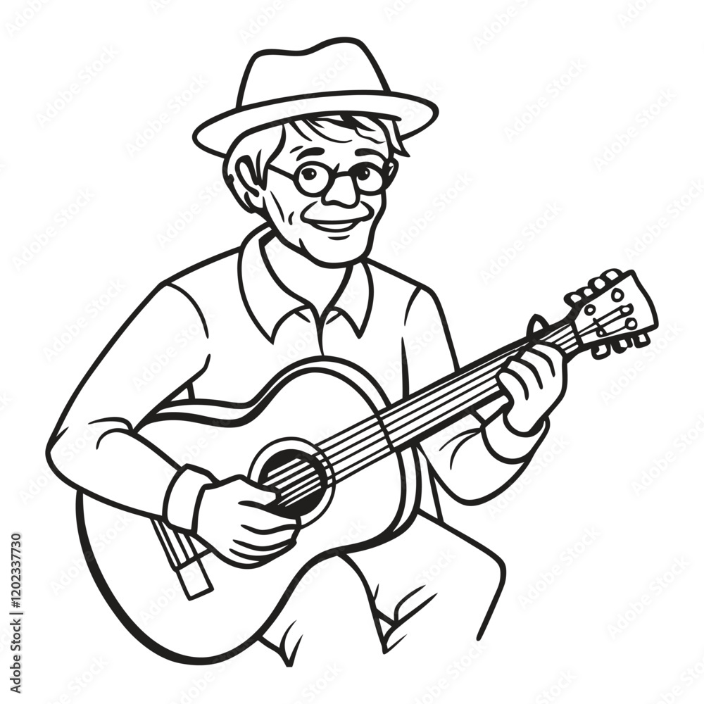 Line drawing of a musician old man playing guitar vector illustration