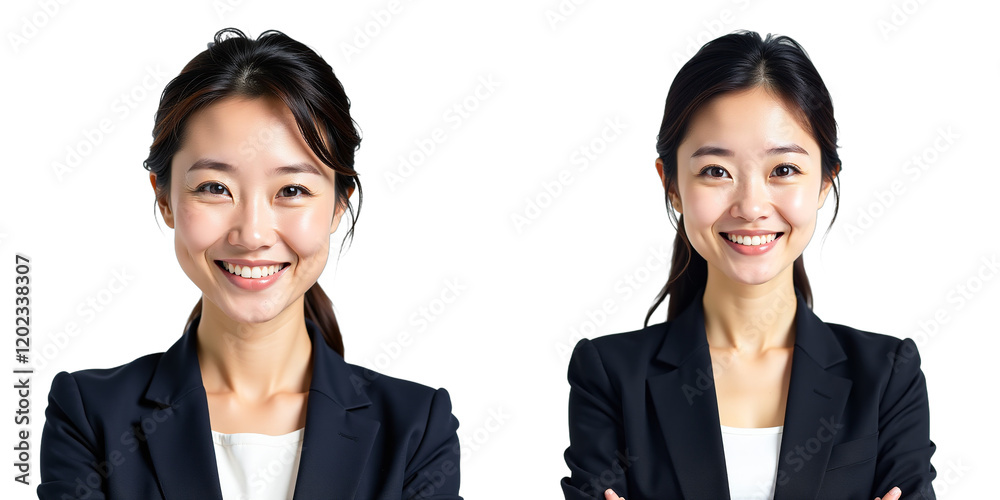 A Confident Japanese Businesswoman Smiles Directly At The Viewer, Her Face Isolated Against A Clean And Simple White Background. 00001 A Confident Japanese Businesswoman Smiles Directly At The Viewer, Her Face Isolated Against A Clean And Simple White Background. 00001