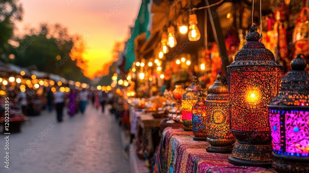 Fototapeta premium Evening market lanterns, sunset shoppers, Middle East