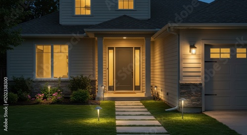 Modern House Exterior at Night with Illuminated Walkway and Garage