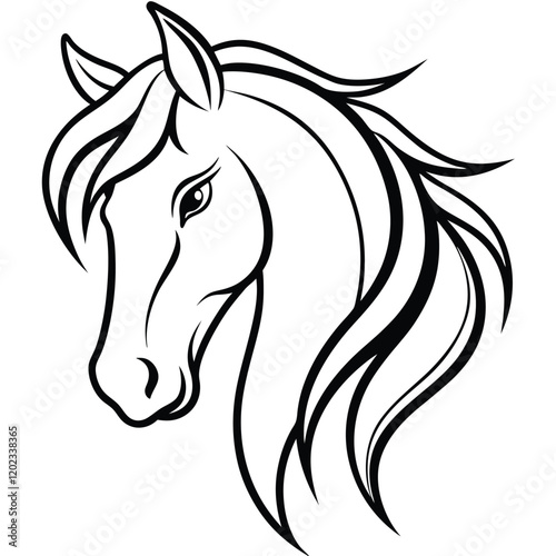 A majestic and graceful horse head in minimalist line art, featuring flowing curves and sharp details to represent strength and freedom.