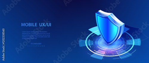 Isometric shield. Data ai protection. Mobile security technology concept. Smart app protect. Firewall concept. Server internet protection. Vector illustration guard.