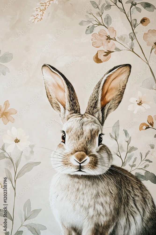 Obraz premium A beautifully crafted watercolor work captures a rabbit in soft gray and beige tones, set against a delicate backdrop of floral accents, combining elegance with a minimalist style