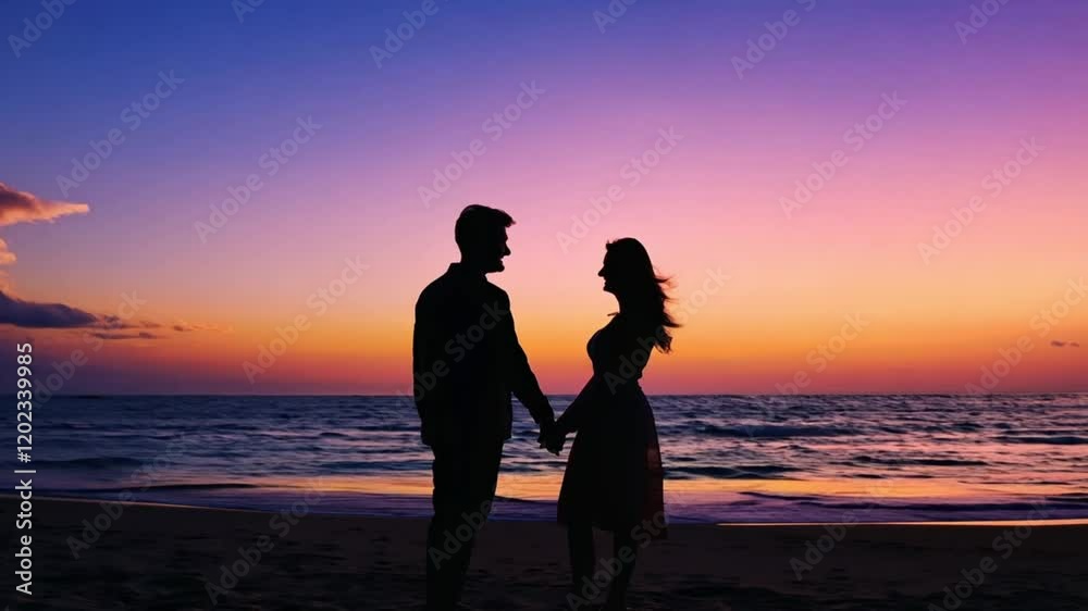 A romantic silhouette of a couple standing on a beach during sunset, creating a dreamy and love-filled scene by the ocean. A romantic silhouette of a couple standing on a beach during sunset, creating a dreamy and love-filled scene by the ocean.
