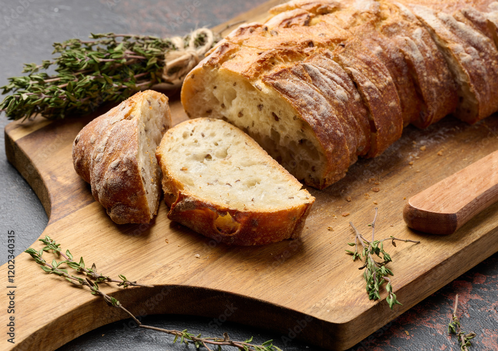 Sliced baguette with flax and spices on a wooden cutting board Sliced baguette with flax and spices on a wooden cutting board