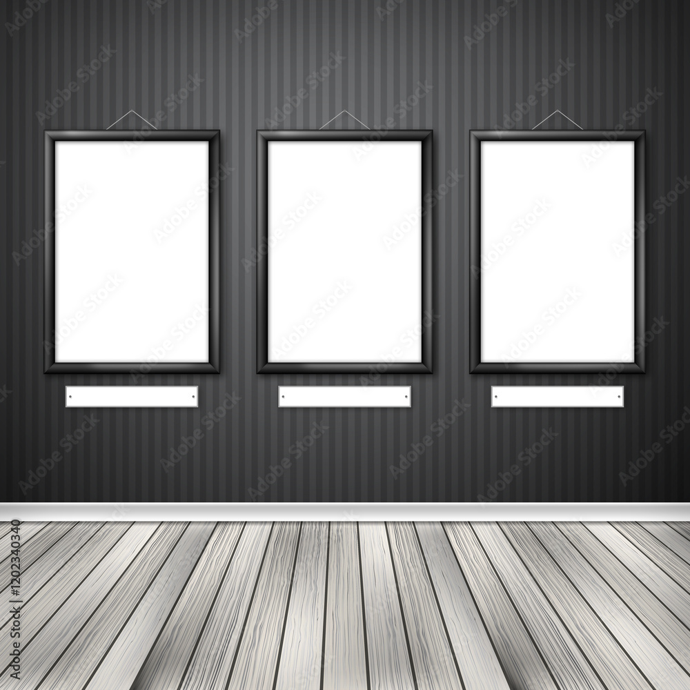 Gallery interior with three empty frames on wall. Gallery interior with three empty frames on wall.