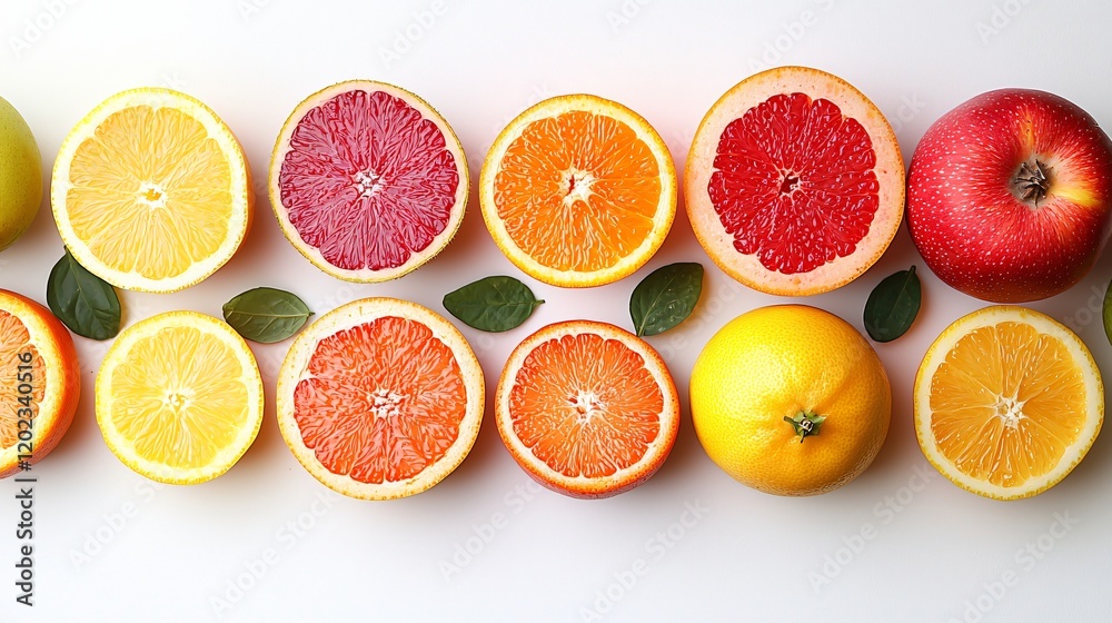 Colorful citrus fruits and apple halves arranged in a row on white background with green leaves. Colorful citrus fruits and apple halves arranged in a row on white background with green leaves.