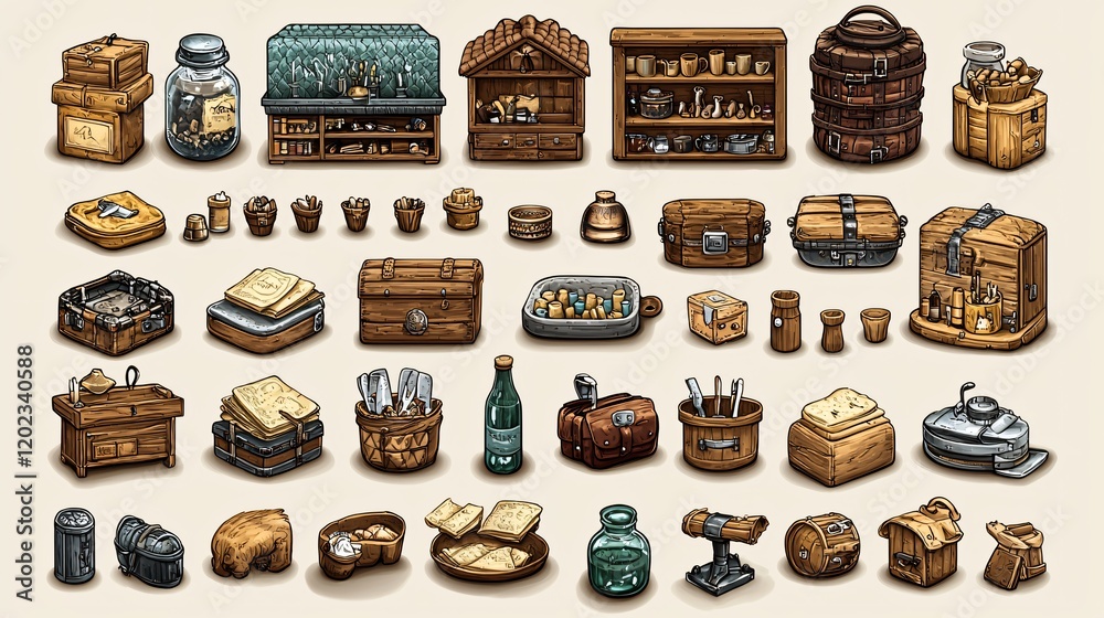 Collection of rustic wooden crates, boxes, shelves, jars, and utensils. Collection of rustic wooden crates, boxes, shelves, jars, and utensils.