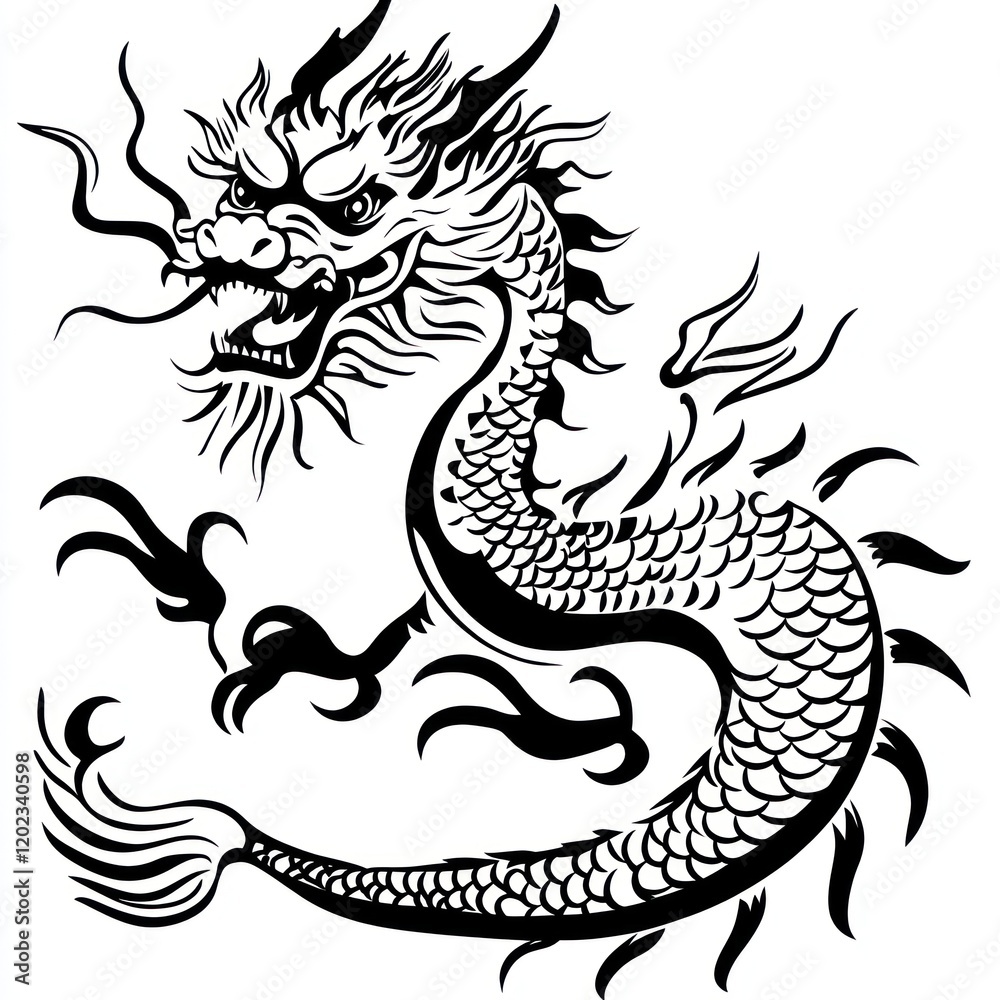 Black dragon illustration on a white background, graphic art, possible for cultural use Black dragon illustration on a white background, graphic art, possible for cultural use