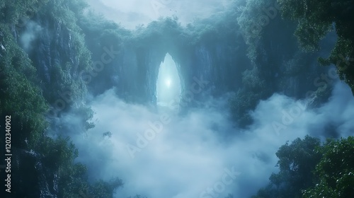 Ghostly glow appearing through the fog of a dense natural setting