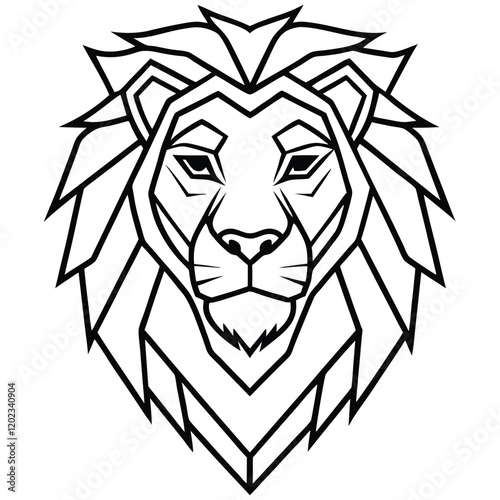 A sleek and majestic lion head drawn in modern line art style, featuring sharp geometric lines and intricate detailing to convey strength and nobility.