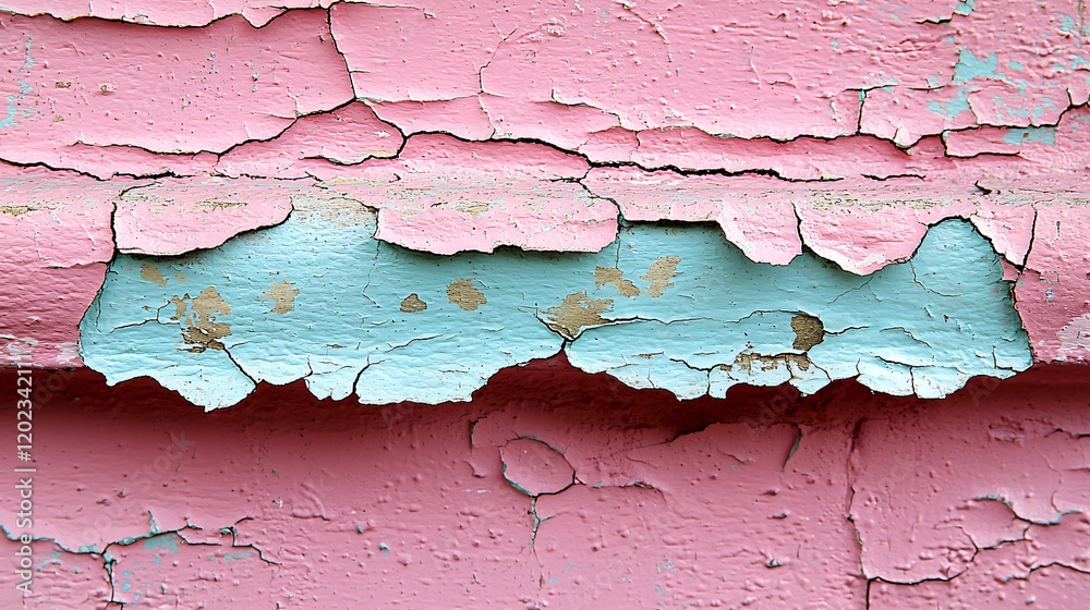 Close-up of cracked, peeling pink and light blue paint on a weathered surface. Close-up of cracked, peeling pink and light blue paint on a weathered surface.