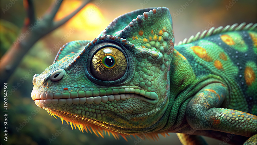 Obraz premium A vibrant green lizard with striking patterns is perched on a tree branch. Sunlight filters through the canopy, highlighting its intricate scales and large eyes, creating a captivating atmosphere