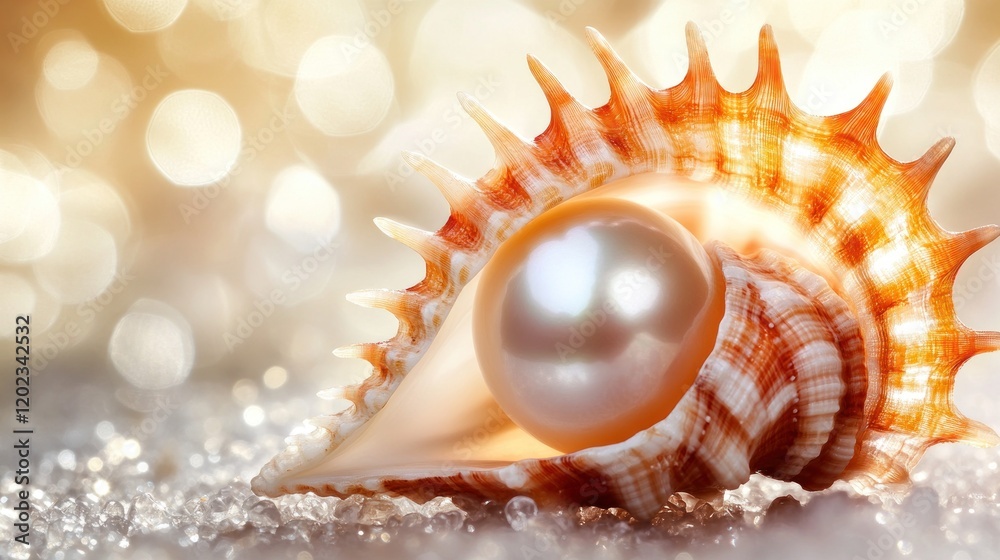 Large iridescent pearl nestled inside a beautiful seashell on a sparkling surface. Large iridescent pearl nestled inside a beautiful seashell on a sparkling surface.