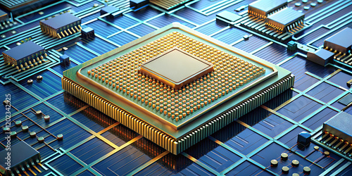 A microprocessor is centered on a circuit board, showcasing intricate connections and components in an advanced technology setting. The blue and gold design emphasizes modernity